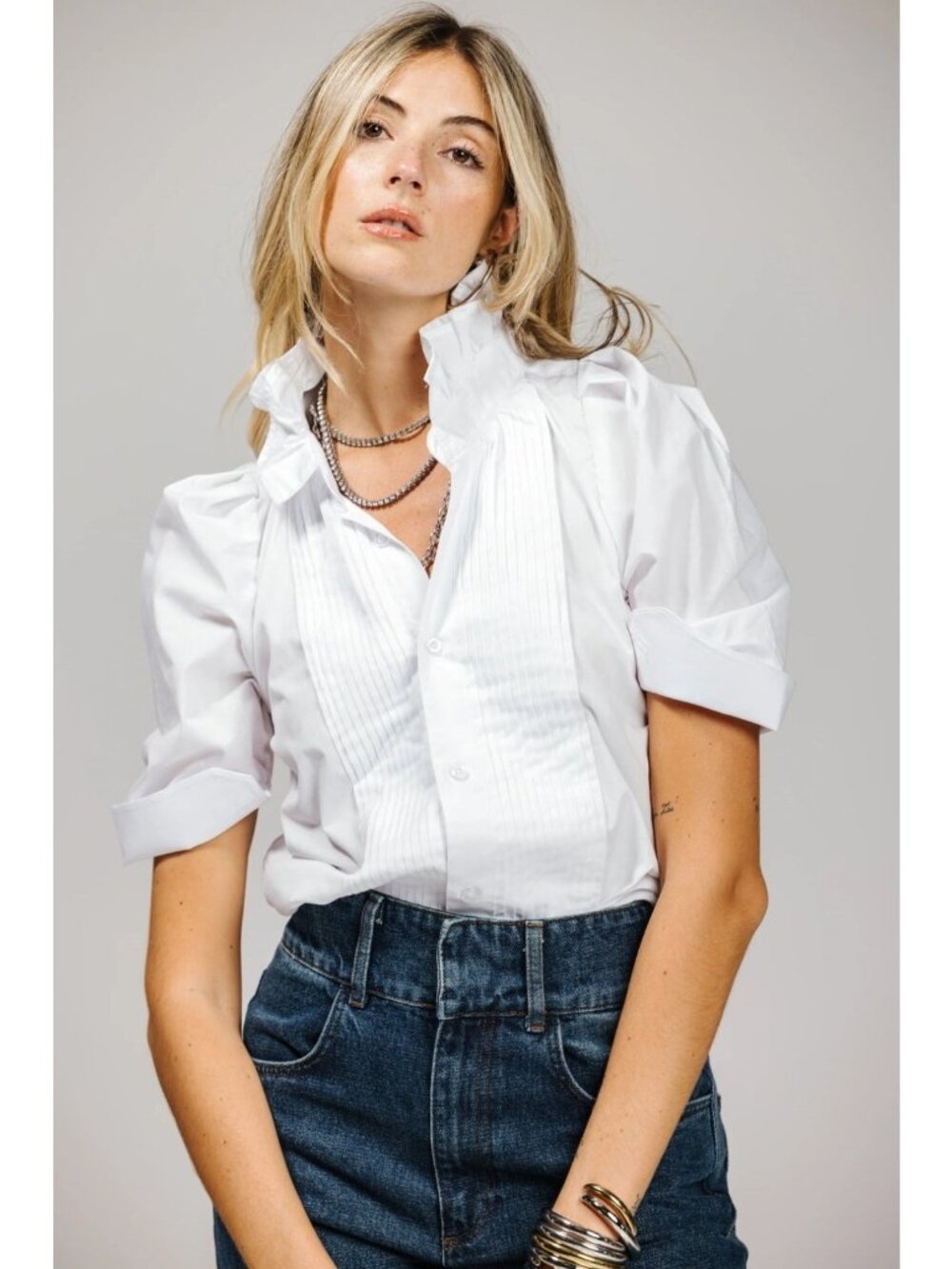 White Ruffled Collar Pintuck Blouse -